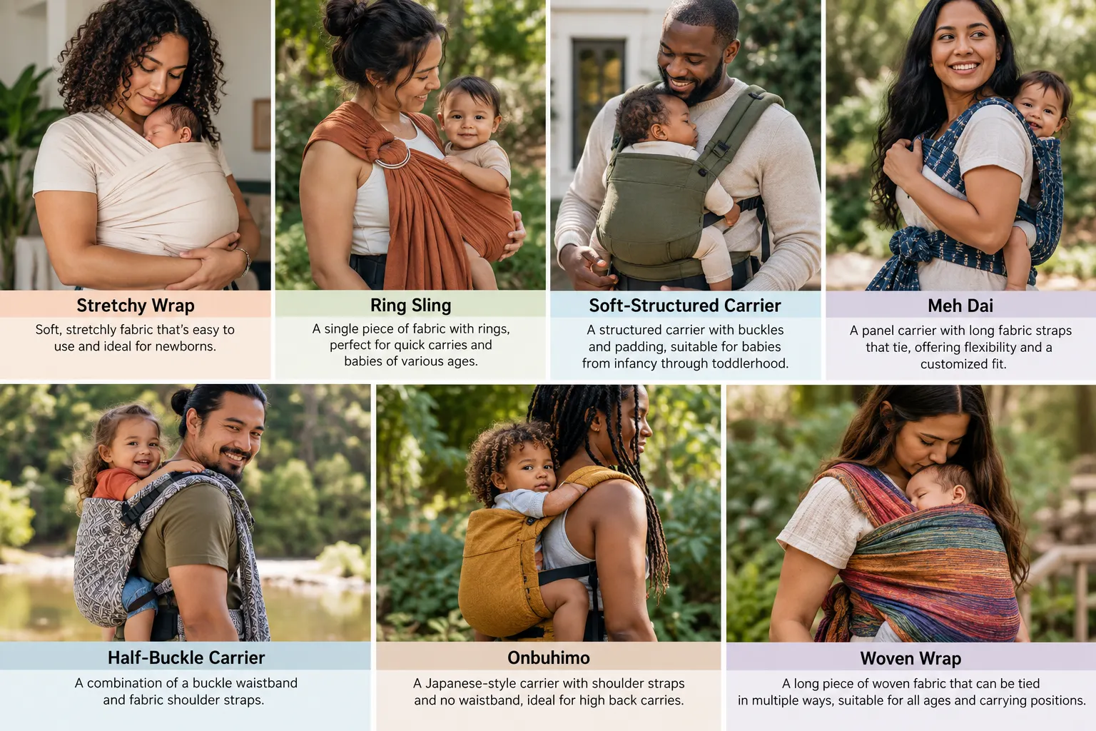 Seven photos of parents wearing babies in different carriers, each labeled with a short description: a stretchy wrap on a newborn, a rust-colored ring sling, a green soft-structured carrier, a blue meh dai on the back, a patterned half-buckle carrier on the back, a mustard onbuhimo for a high back carry, and a rainbow woven wrap on a newborn.