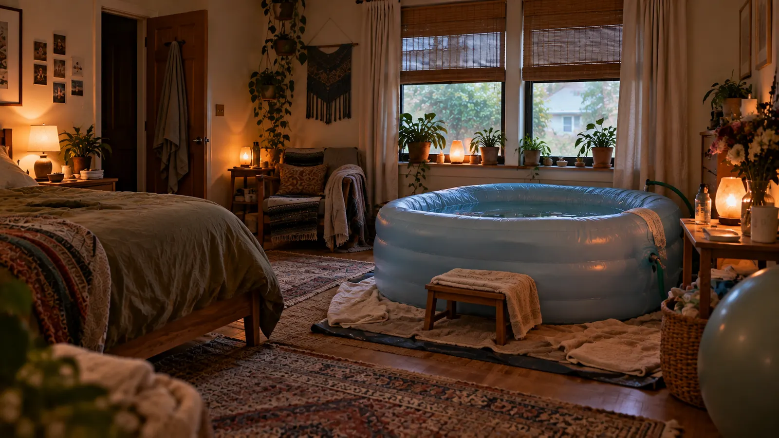 Home birth setup in a cozy bedroom with an inflatable birthing tub, soft lighting, plants, and a bed.