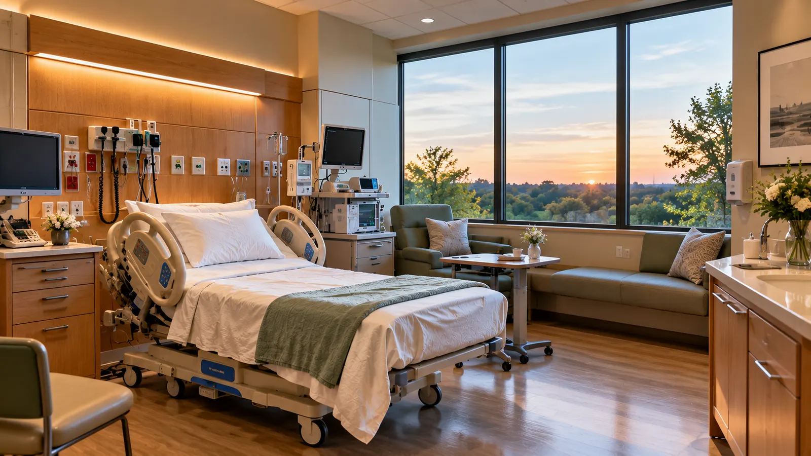 A private hospital labor and delivery room with a hospital bed, medical monitors, a sofa and armchair for support people, and large windows overlooking trees at sunset.