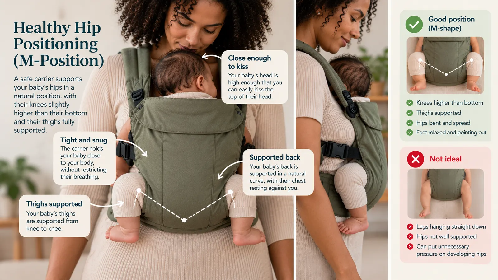 Infographic showing healthy hip positioning in a baby carrier: a baby worn facing in, knees higher than bottom in an M-shape with thighs supported, compared to a 'not ideal' example with legs hanging straight down.